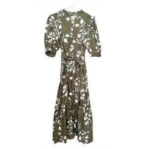 MIRTH Venice Midi Dress Olive Floral Woodblock Midi Maxi Belted Cotton Sz M